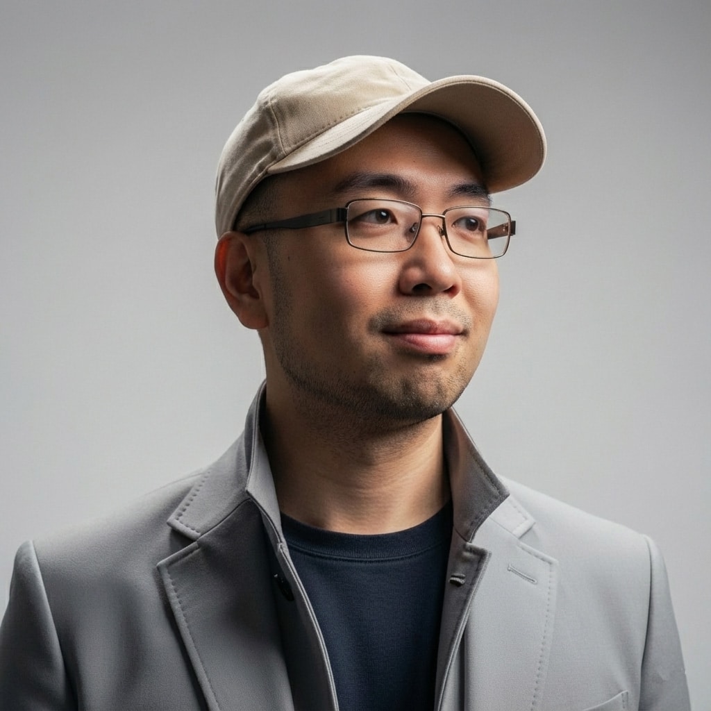 A man wearing glasses, a beige cap, and a light gray blazer stands against a plain gray background, looking slightly to the side.